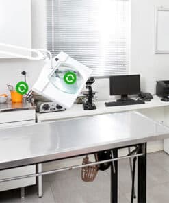 Veterinary clinic sterilization room with eco-friendly equipment and sustainable practices.